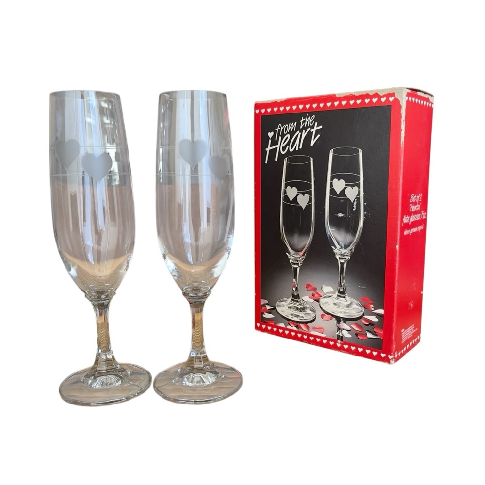 Vintage German Crystal Champagne Flutes - Set of 2 - 7 oz. Heart Design Glasses